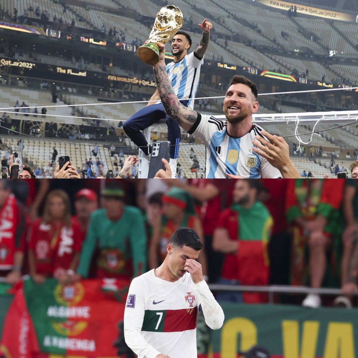 W杯トロフィーを手にしたアルゼンチンのメッシと、先発落ちするなどして準々決勝で敗退したポルトガルのロナウドは明暗をわけた（写真・新華社、AP/アフロ）
