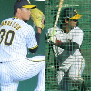 岡田監督が来春の1軍キャンプ抜擢を明言したルーキー左腕の門別（左）と、打球を飛ばす力を買う育成ドラフト1位の野口（右）