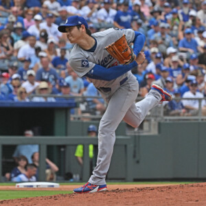 大谷がロイヤルズ戦でメジャー移籍後キャリア最速となる163.7キロをマークした（写真：Imagn/ロイター/アフロ）