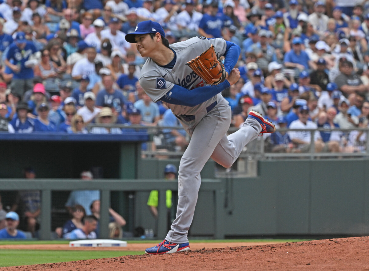 大谷がロイヤルズ戦でメジャー移籍後キャリア最速となる163.7キロをマークした(写真:Imagn/ロイター/アフロ)
