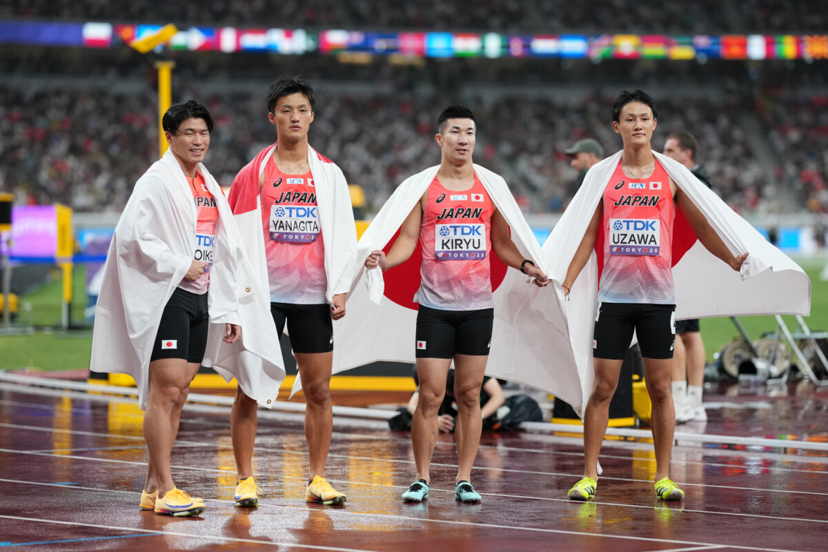 リレー侍は6位惨敗。左から小池祐貴 、 栁田大輝 、桐生祥秀 、鵜澤飛羽 ( 写真:森田直樹/アフロスポーツ)
