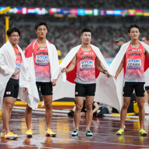 リレー侍は6位惨敗。左から小池祐貴 、 栁田大輝 、桐生祥秀 、鵜澤飛羽 （ 写真：森田直樹/アフロスポーツ）