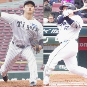 元西武の“おかわり君二世”渡部（右）が一発を放ち、元阪神のドラフト1位の森木（左）は最速149キロでアピールした