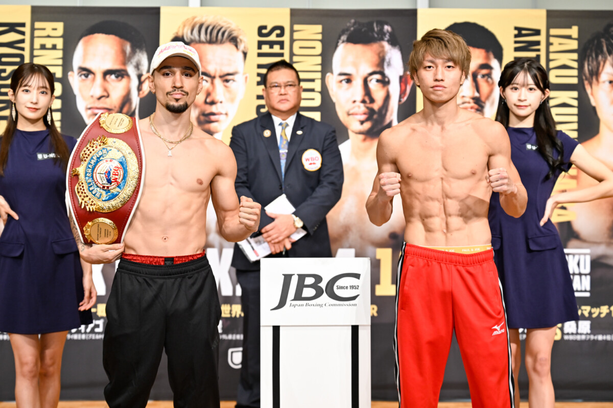 WBO王者のアンソニー・オラスクアガ（左）へ挑む桑原拓の肉体が凄かった（写真・山口裕朗）