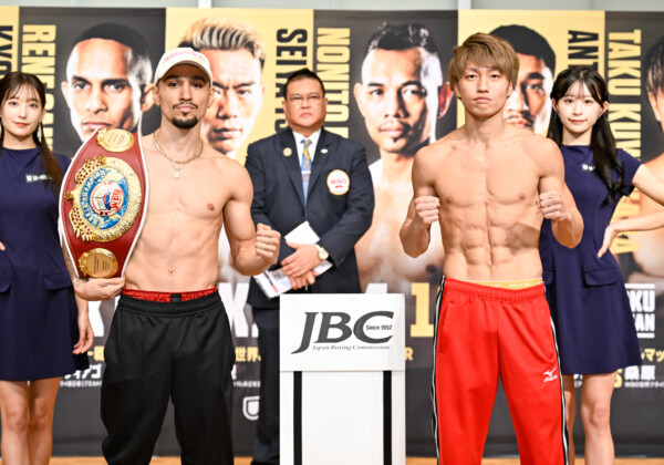 WBO王者のアンソニー・オラスクアガ（左）へ挑む桑原拓の肉体が凄かった（写真・山口裕朗）