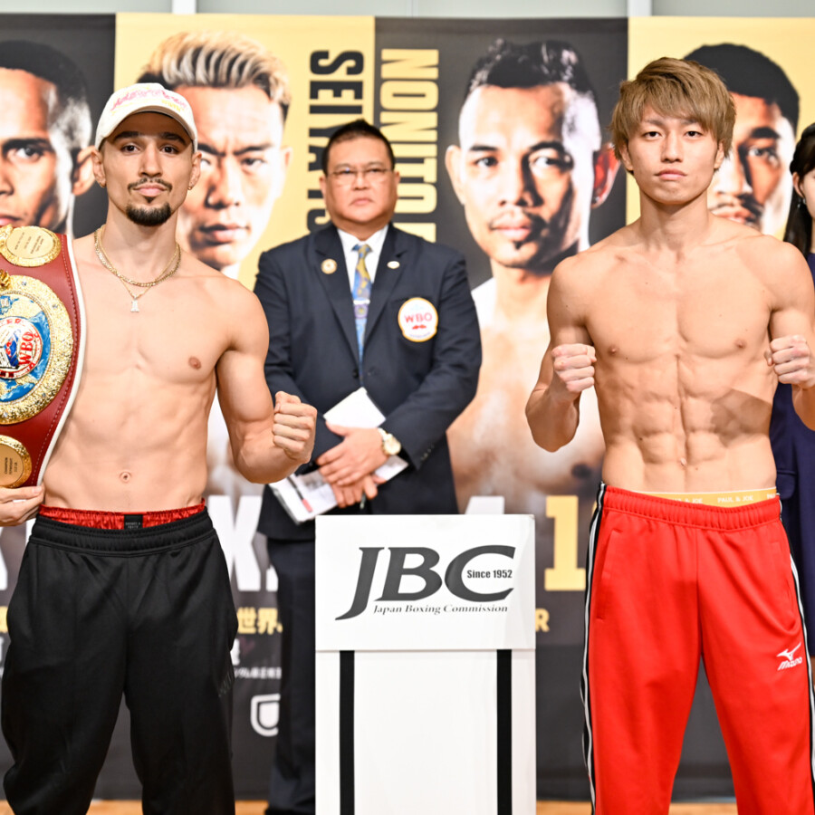 WBO王者のアンソニー・オラスクアガ（左）へ挑む桑原拓の肉体が凄かった（写真・山口裕朗）