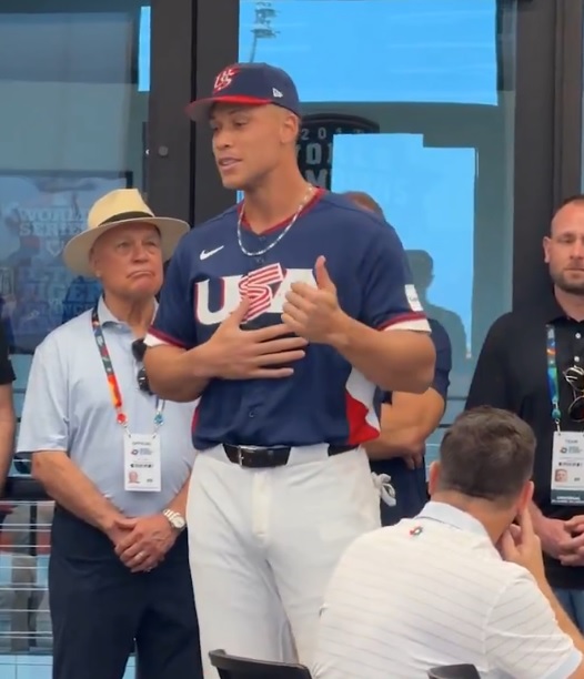 ＷＢＣの米国主将のジャッジがロッカールームでスピーチ（ＭＬＢ公式Ｘ映像より）