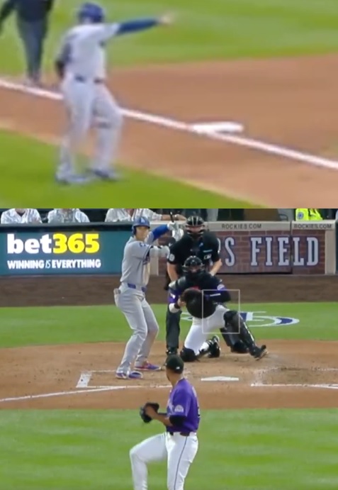 三塁走者のマンシーがボークを指摘し、大谷の併殺打が取り消しになった（JomboyMedia公式Ｘより）